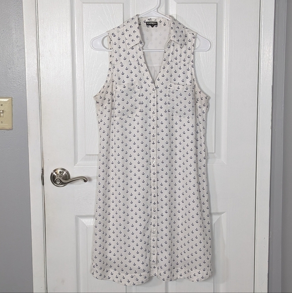 Express Anchor Print‎ Button-Up Sleeveless White & Blue Nautical Dress Size S - Picture 1 of 8